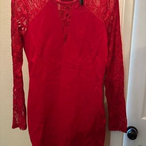 Guess Red Lace Long Sleeve Dress